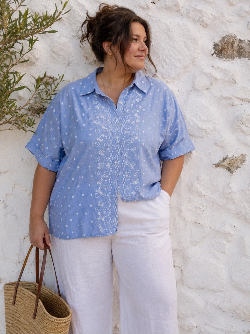 Coastal Grandma Cottagecore Embroidered Cotton Button Up Shirt 3X Plus Boho Top